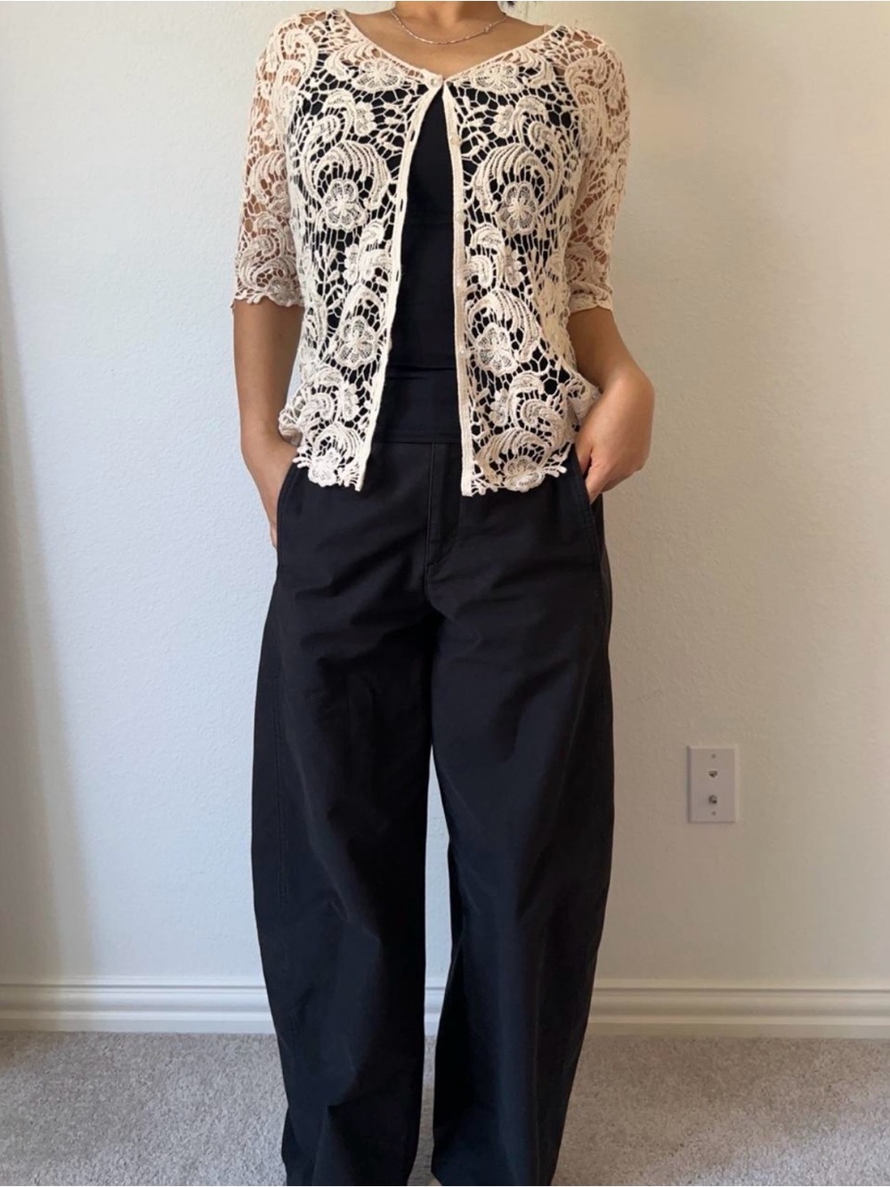 Ivory Lace Crochet Short-Sleeve Cardigan - Elegant Layering Top